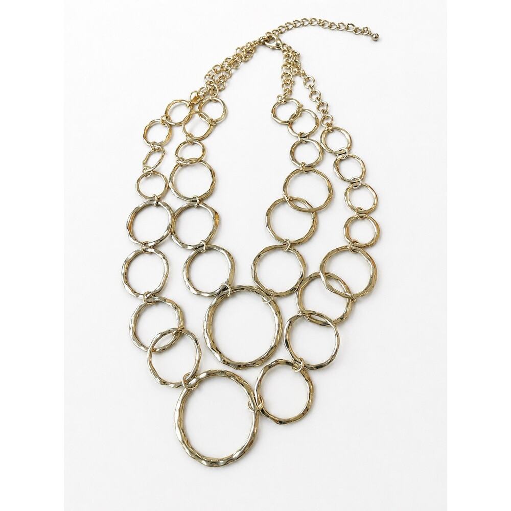 Gold Tone Hammered Circle Link Statement Necklace Layered Bib Fashion Jewelry